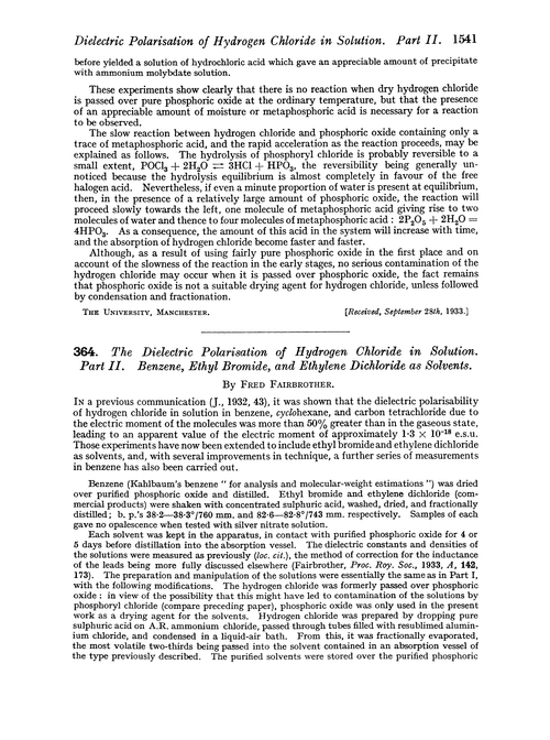 364. The dielectric polarisation of hydrogen chloride in solution. Part II. Benzene, ethyl bromide, and ethylene dichloride as solvents