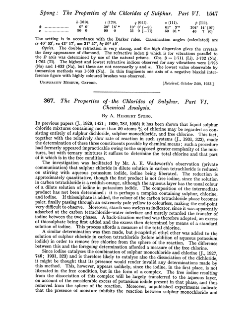 367. The properties of the chlorides of sulphur. Part VI. Chemical analysis