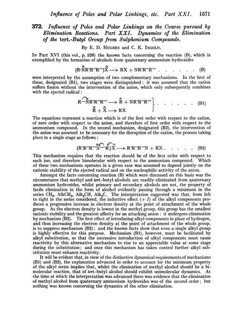 372. Influence of poles and polar linkings on the course pursued by elimination reactions. Part XXI. Dynamics of the elimination of the tert.-butyl group from sulphonium compounds