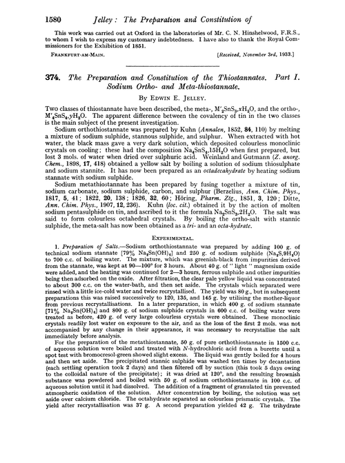 374. The preparation and constitution of the thiostannates. Part I. Sodium ortho- and meta-thiostannate