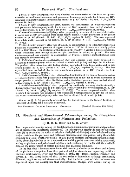 17. Structural and stereochemical relationships among the disulphines and diammines of platinum and palladium
