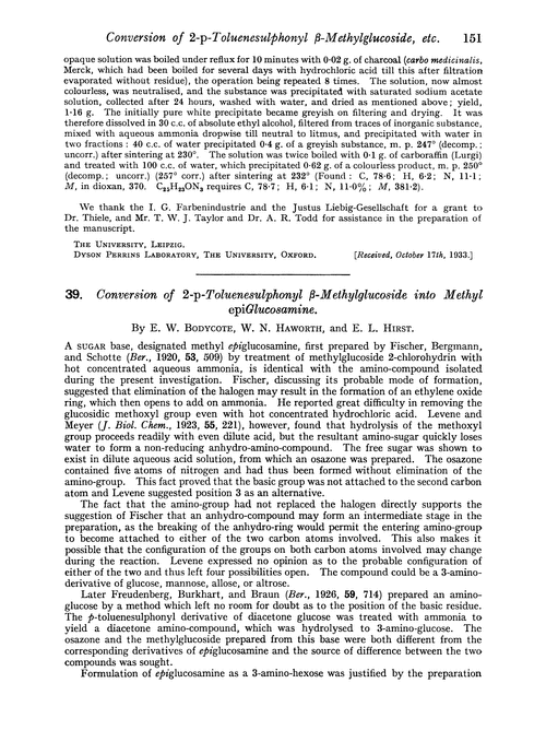 39. Conversion of 2-p-toluenesulphonyl β-methylglucoside into methyl epiglucosamine