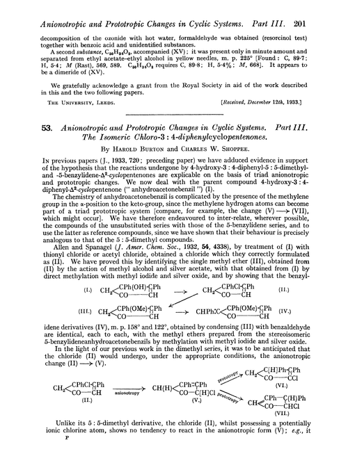 53. Anionotropic and prototropic changes in cyclic systems. Part III. The isomeric chloro-3 : 4-diphenylcyclopentenones