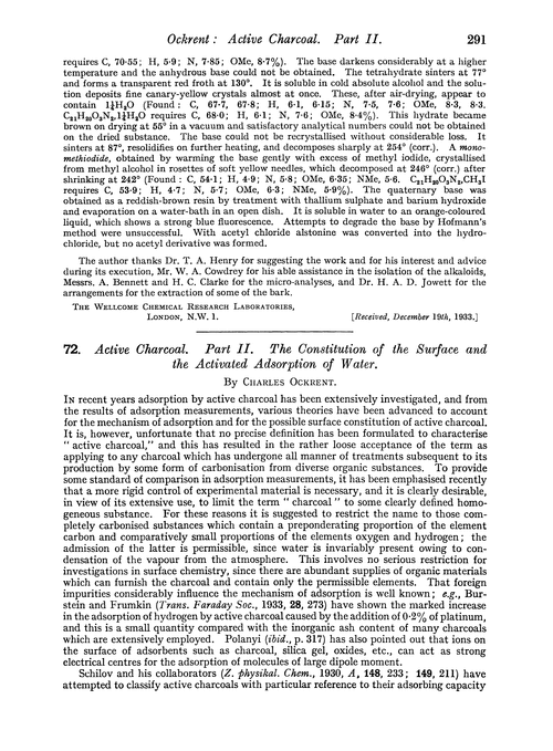 72. Active charcoal. Part II. The constitution of the surface and the activated adsorption of water