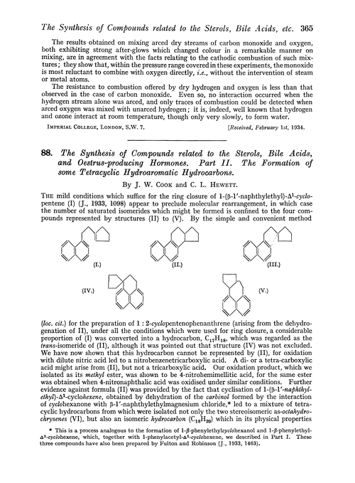 88. The synthesis of compounds related to the sterols, bile acids, and oestrus-producing hormones. Part II. The formation of some tetracyclic hydroaromatic hydrocarbons