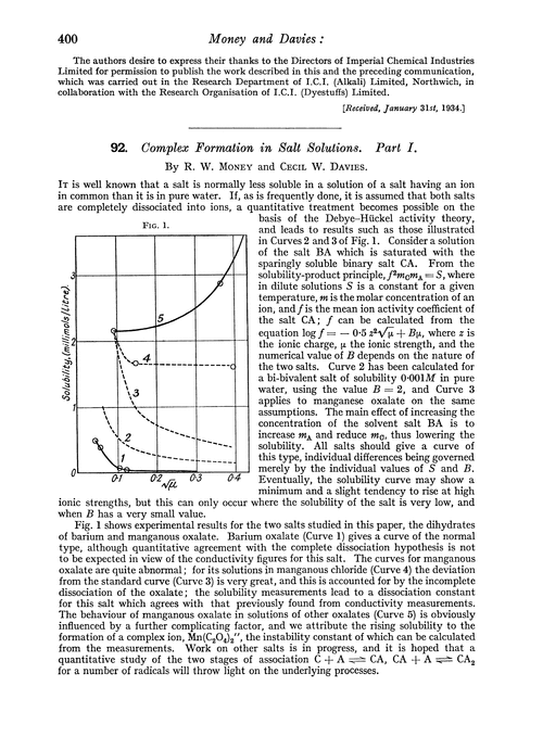 92. Complex formation in salt solutions. Part I