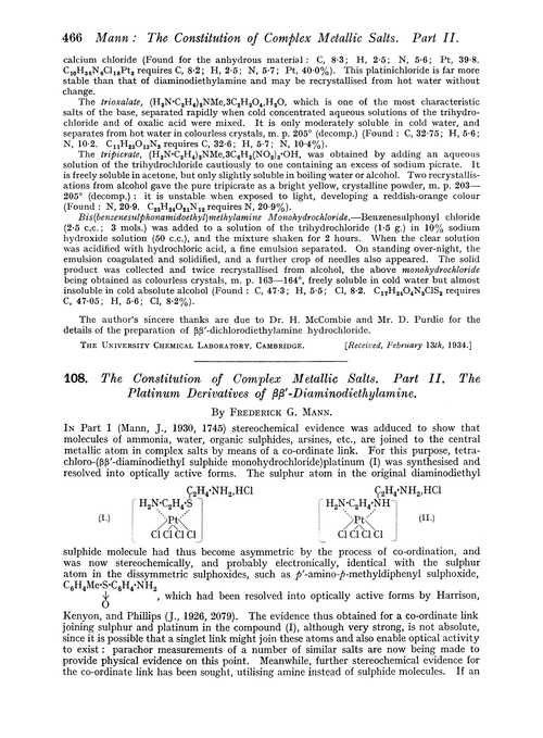 108. The constitution of complex metallic salts. Part II. The platinum derivatives of ββ′-diaminodiethylamine