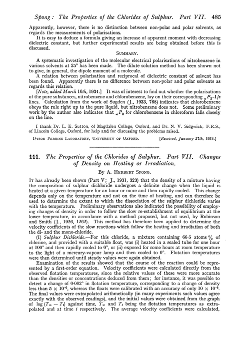 111. The properties of the chlorides of sulphur. Part VIII. Changes of density on heating or irradiation