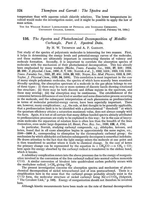 116. The spectra and photochemical decomposition of metallic carbonyls. Part I. Spectral data