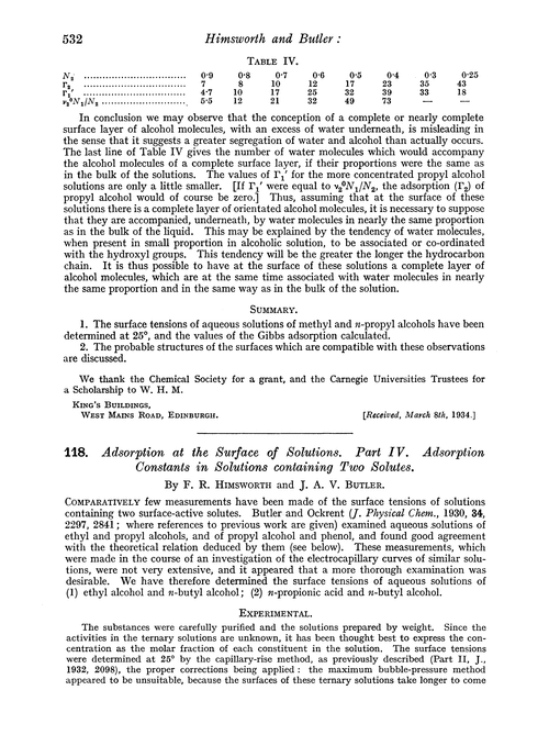 118. Adsorption at the surface of solutions. Part IV. Adsorption constants in solutions containing two solutes