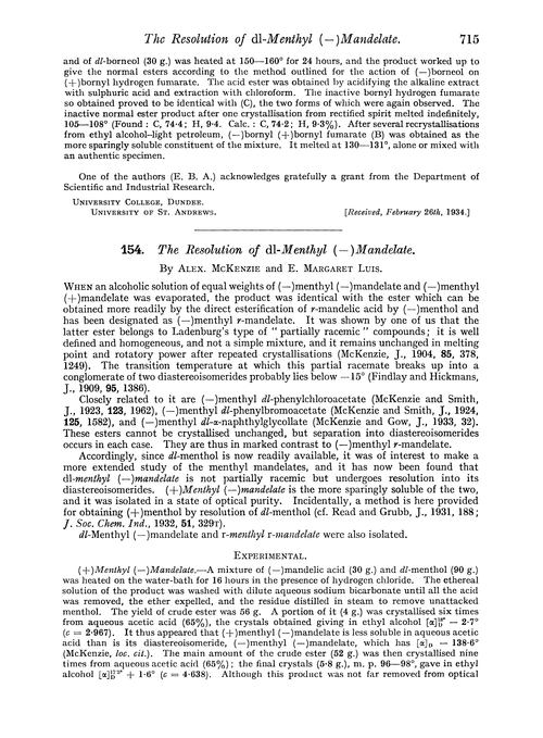 154. The resolution of dl-menthyl (–)mandelate