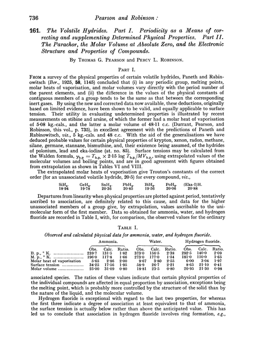 161. The volatile hydrides. Part I. Periodicity as a means of correcting and supplementing determined physical properties. Part II. The parachor, the molar volume at absolute zero, and the electronic structure and properties of compounds