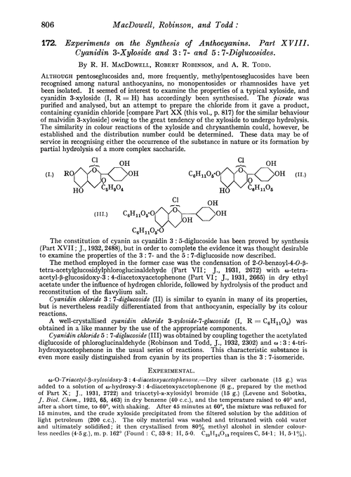 172. Experiments on the synthesis of anthocyanins. Part XVIII. Cyanidin 3-xyloside and 3 : 7- and 5 : 7-diglucosides