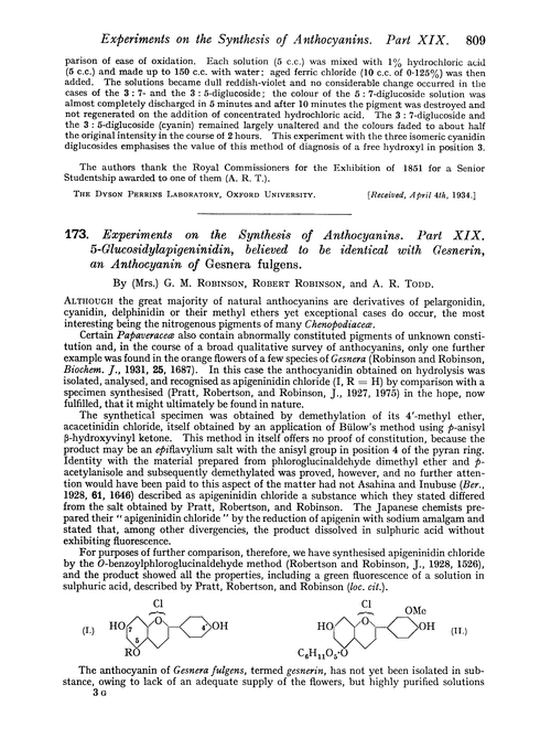 173. Experiments on the synthesis of anthocyanins. Part XIX. 5-Glucosidylapigeninidin, belived to be identical with gesnerin, an anthocyanin of Gesnera fulgens
