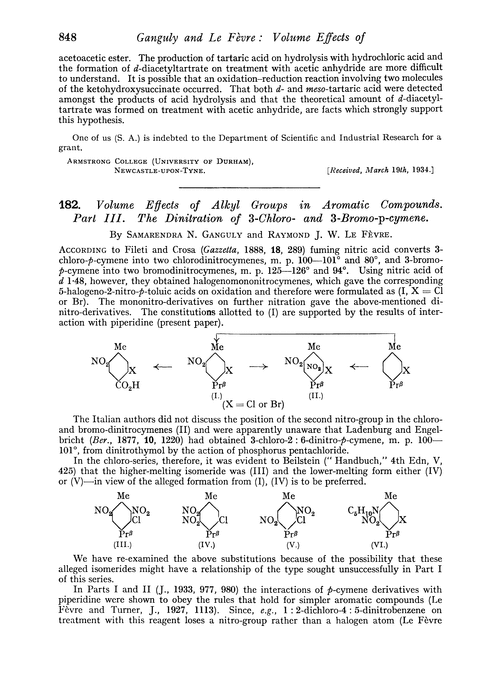 182. Volume effects of alkyl groups in aromatic compounds. Part III. The dinitration of 3-chloro- and 3-bromo-p-cymene