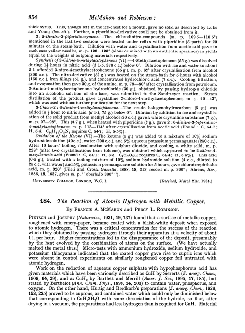 184. The reaction of atomic hydrogen with metallic copper