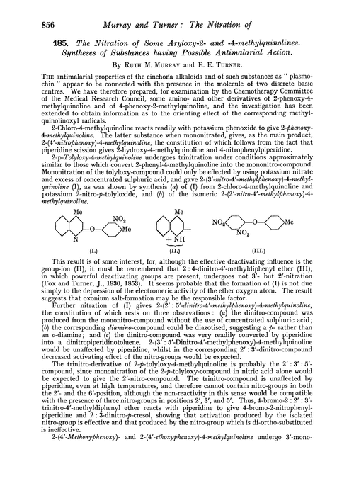 185. The nitration of some aryloxy-2- and -4-methylquinolines. Syntheses of substances having possible antimalarial action