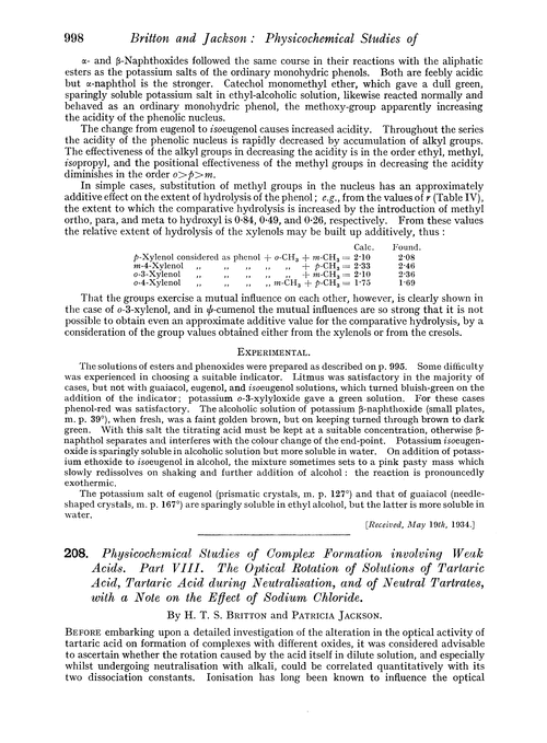 208. Physicochemical studies of complex formation involving weak acids. Part VIII. The optical rotation of solutions of tartaric acid, tartaric acid during neutralisation, and of neutral tartrates, with a note on the effect of sodium chloride