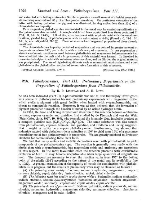 214. Phthalocyanines. Part III. Preliminary experiments on the preparation of phthalocyanines from phthalonitrile