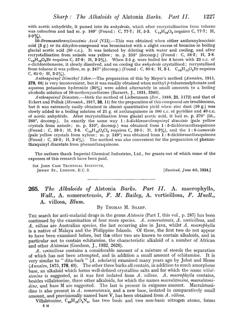 265. The alkaloids of Alstonia barks. Part II. A. macrophylla, wall., A. somersetensis, F. M. Bailey, A. verticillosa, F. Muell., A. villosa, blum