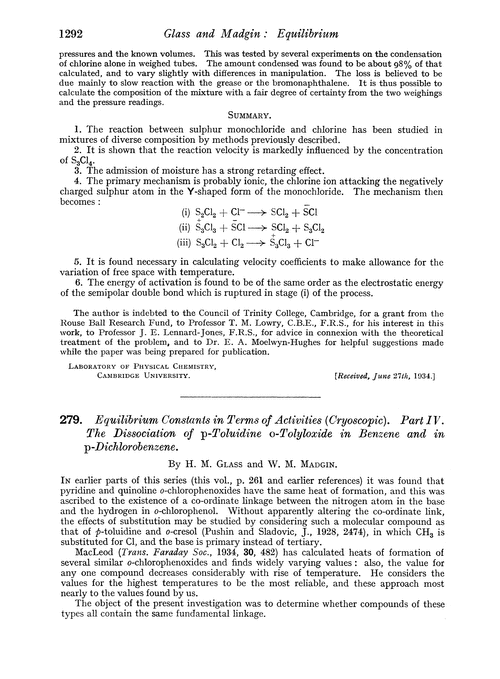279. Equilibrium constants in terms of activities (cryoscopic). Part IV. The dissociation of p-toluidine o-tolyloxide in benzene and in p-dichlorobenzene