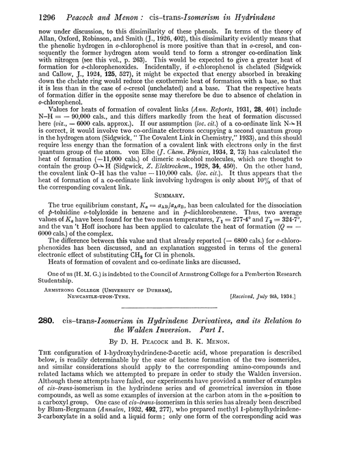 280. cis–trans-Isomerism in hydrindene derivatives, and its relation to the walden inversion. Part I