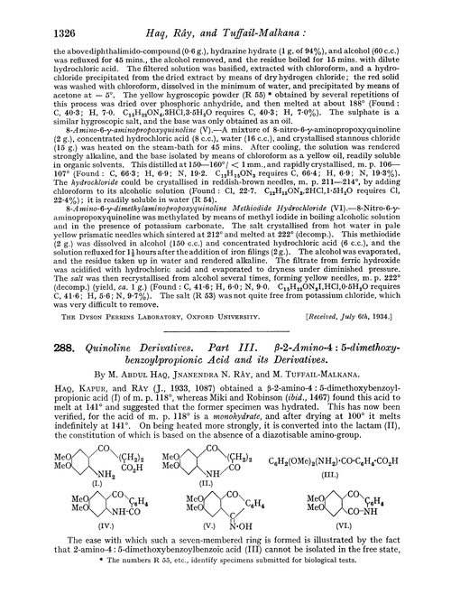 288. Quinoline derivatives. Part III. β-2-Amino-4 : 5-dimethoxy-benzoylpropionic acid and its derivatives