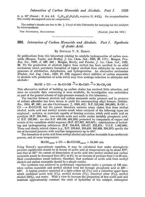 292. Interaction of carbon monoxide and alcohols. Part I. Synthesis of acetic acid