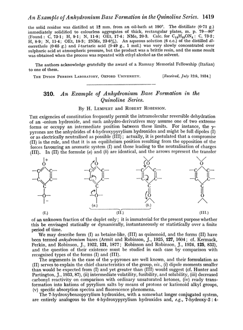 310. An example of anhydronium base formation in the quinoline series