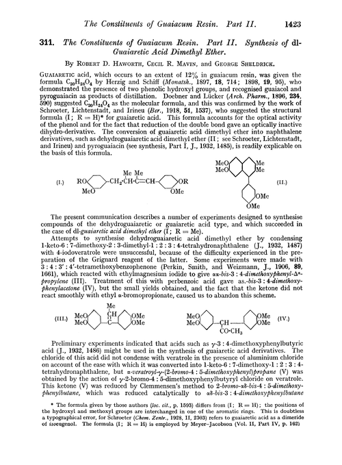 311. The constituents of guaiacum resin. Part II. Synthesis of dl-guaiaretic acid dimethyl ether