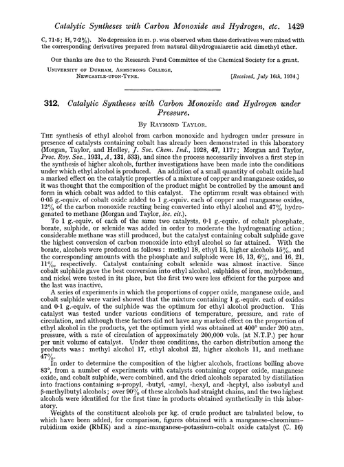 312. Catalytic syntheses with carbon monoxide and hydrogen under pressure