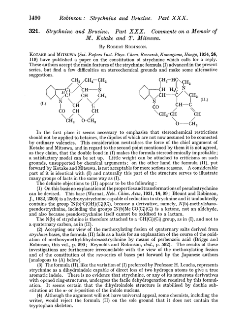 321. Strychnine and brucine. Part XXX. Comments on a memoir of M. Kotake and T. Mitsuwa