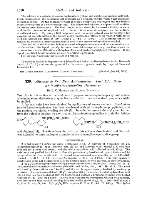 329. Attempts to find new antimalarials. Part XI. Some aminoalkylarylquinoline derivatives