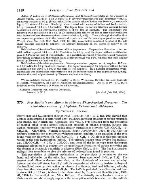 375. Free radicals and atoms in primary photochemical processes. The photo-dissociation of aliphatic ketones and aldehydes