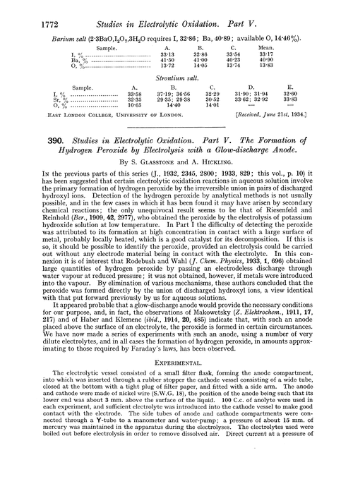 390. Studies in electrolytic oxidation. Part V. The formation of hydrogen peroxide by electrolysis with a glow-discharge anode