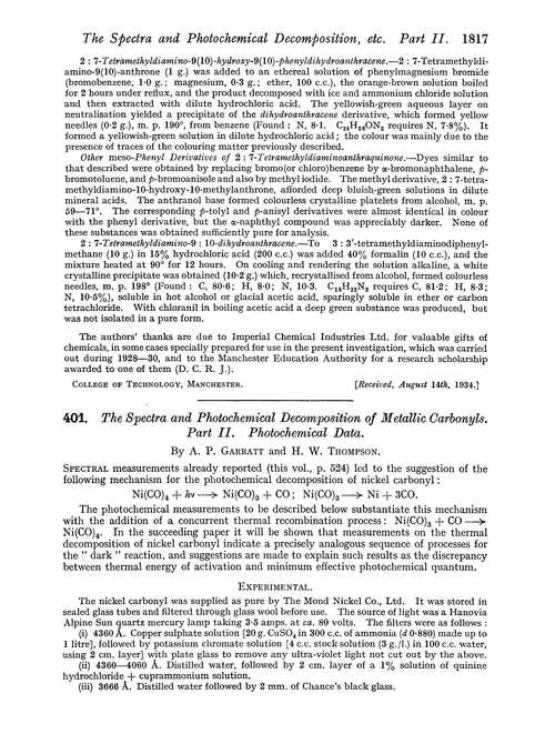 401. The spectra and photochemical decomposition of metallic carbonyls. Part II. Photochemical data