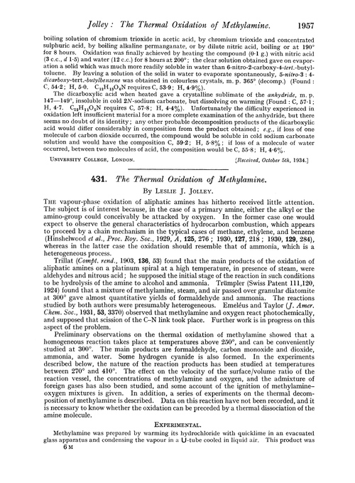 431. The thermal oxidation of methylamine
