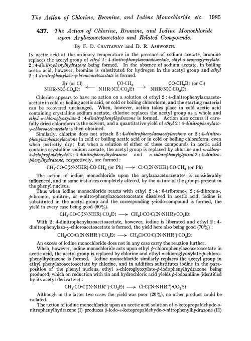 437. The action of chlorine, bromine, and iodine monochloride upon arylazoacetoacetates and related compounds