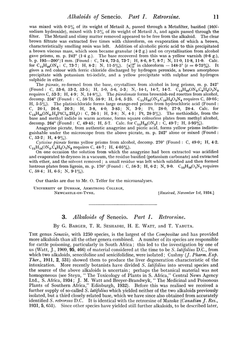 3. Alkaloids of senecio. Part I. Retrorsine