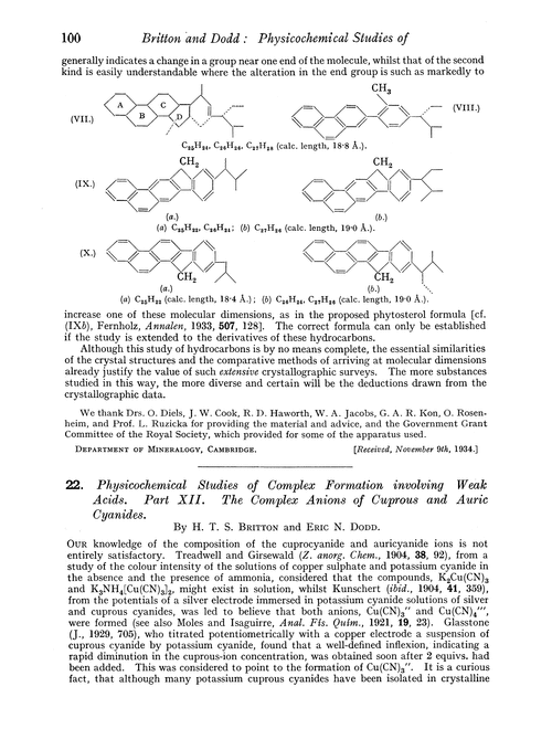 22. Physicochemical studies of complex formation involving weak acids. Part XII. The complex anions of cuprous and auric cyanides