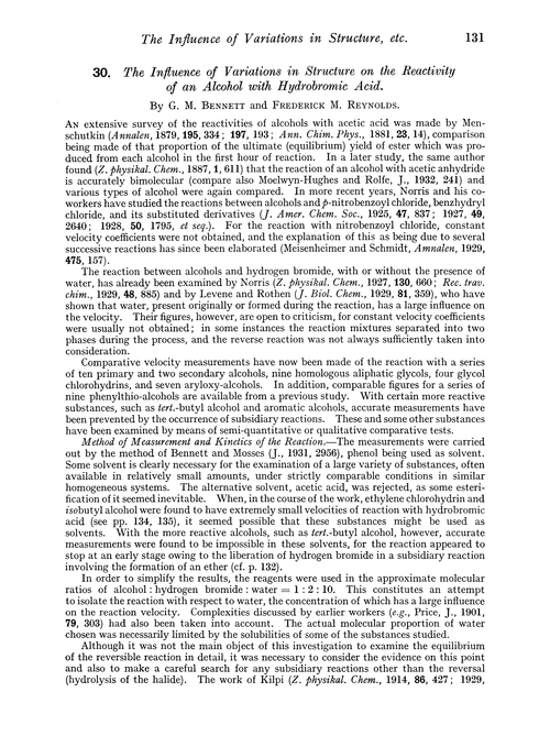 30. The influence of variations in structure on the reactivity of an alcohol with hydrobromic acid