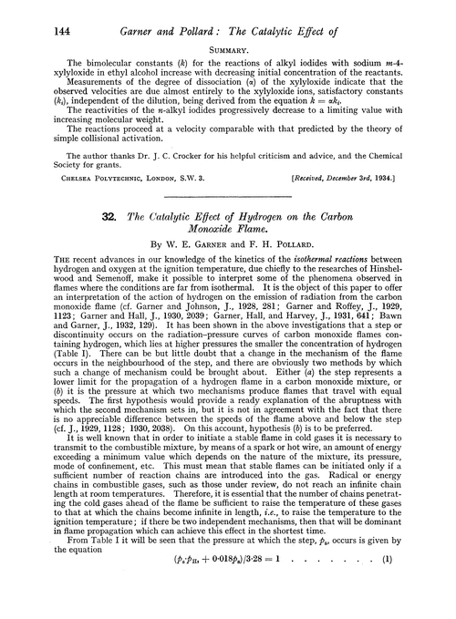 32. The catalytic effect of hydrogen on the carbon monoxide flame