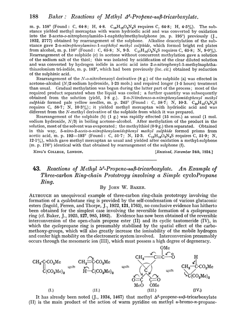 43. Reactions of methyl Δβ-propene-ααβ-tricarboxylate. An example of three-carbon ring-chain prototropy involving a simple cyclopropane ring