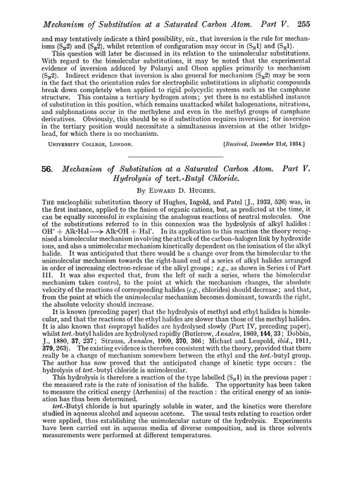 56. Mechanism of substitution at a saturated carbon atom. Part V. Hydrolysis of tert.-butyl chloride