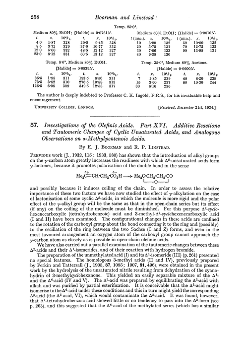 57. Investigations of the olefinic acids. Part XVI. Additive reactions and tautomeric changes of cyclic unsaturated acids, and analogous observations on α-methylpentenoic acids