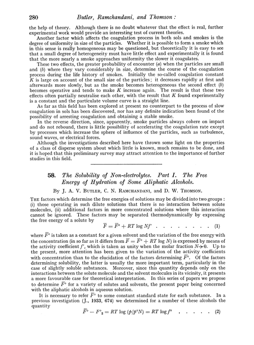 58. The solubility of non-electrolytes. Part I. The free energy of hydration of some aliphatic alcohols