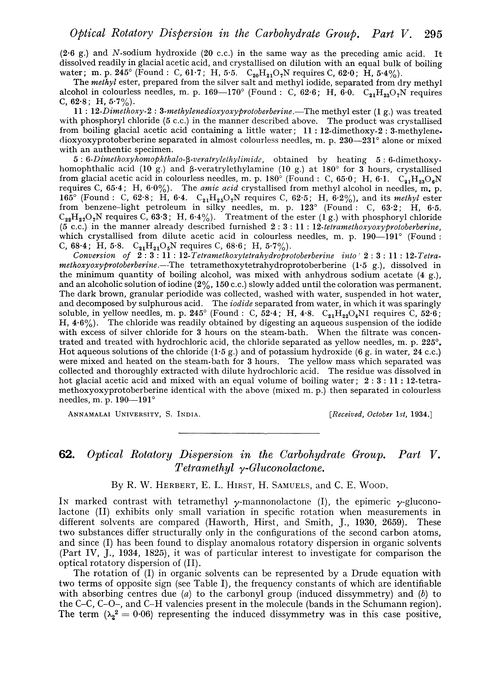 62. Optical rotatory dispersion in the carbohydrate group. Part V. Tetramethyl γ-gluconolactone