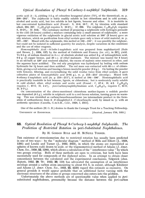 68. Optical resolution of phenyl 8-carboxy-1-naphthyl sulphoxide. The prediction of restricted rotation in peri-substituted naphthalenes