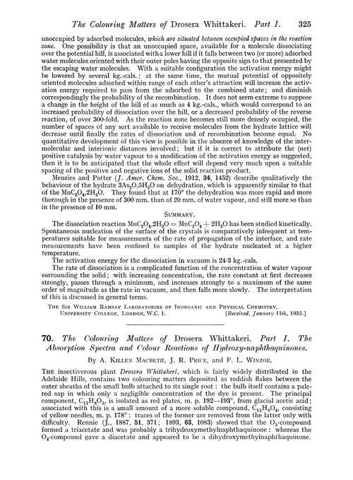 70. The colouring matters of Drosera Whittakeri. Part I. The absorption spectra and colour reactions of hydroxy-naphthaquinones