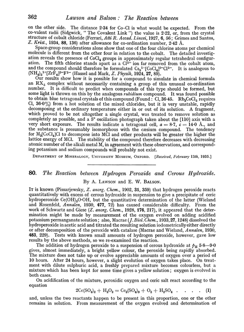 80. The reaction between hydrogen peroxide and cerous hydroxide
